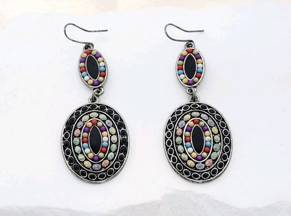 Vintage Mexican Mosaic Silver Tone Enamel Oval Dangle Earrings